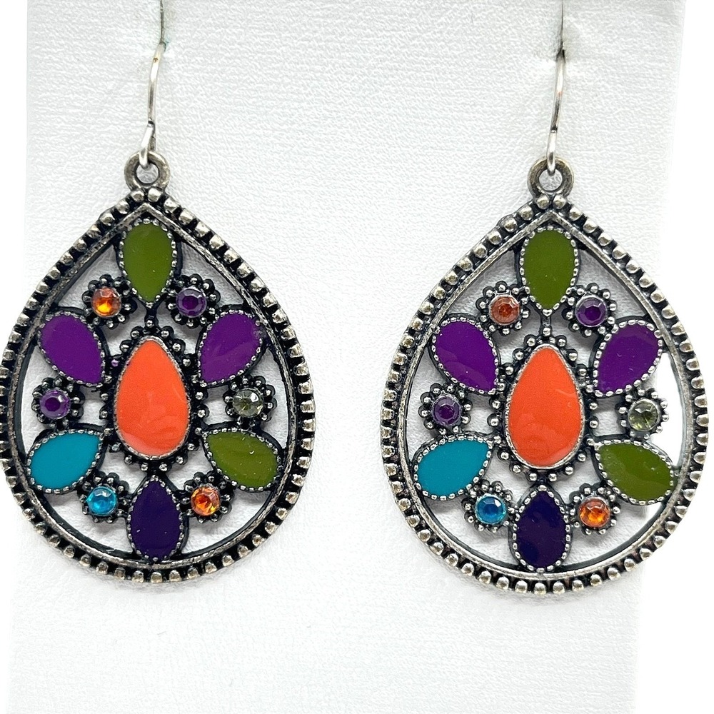Vintage Y2K Colorful Enamel Teardrop Dangle Earrings Silver Tone Boho Classic